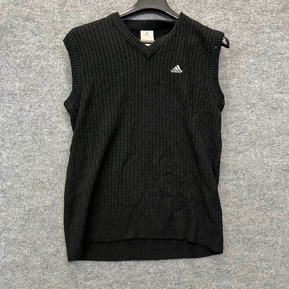 Adidas V-Neck Vest Sweater Men's Black Cable‎ Knit Sleeveless Pullover - Large